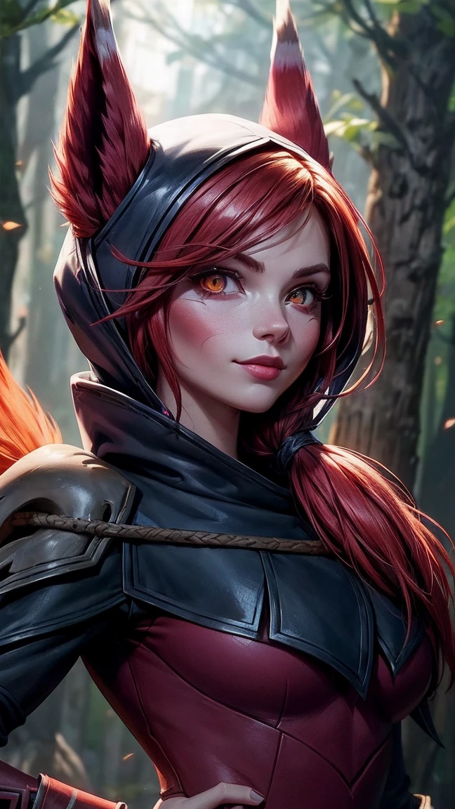 ((best quality)), ((Meisterwerk)), ((Xayah)), (League of legends), ((stehend)), erotischer Pose, (orange eyes), ((Xayah Hoodie)), ((upper body)), Unreal Engine, realistisch, pretty, sexy, young girl, ((red Hair)), Halsband, medium breasts, professionelles Make-up, Cool, sonniger Tag, Tyndall-Effekt, Guter Ray, forrest in the background, draussen, hell, subtle smile,