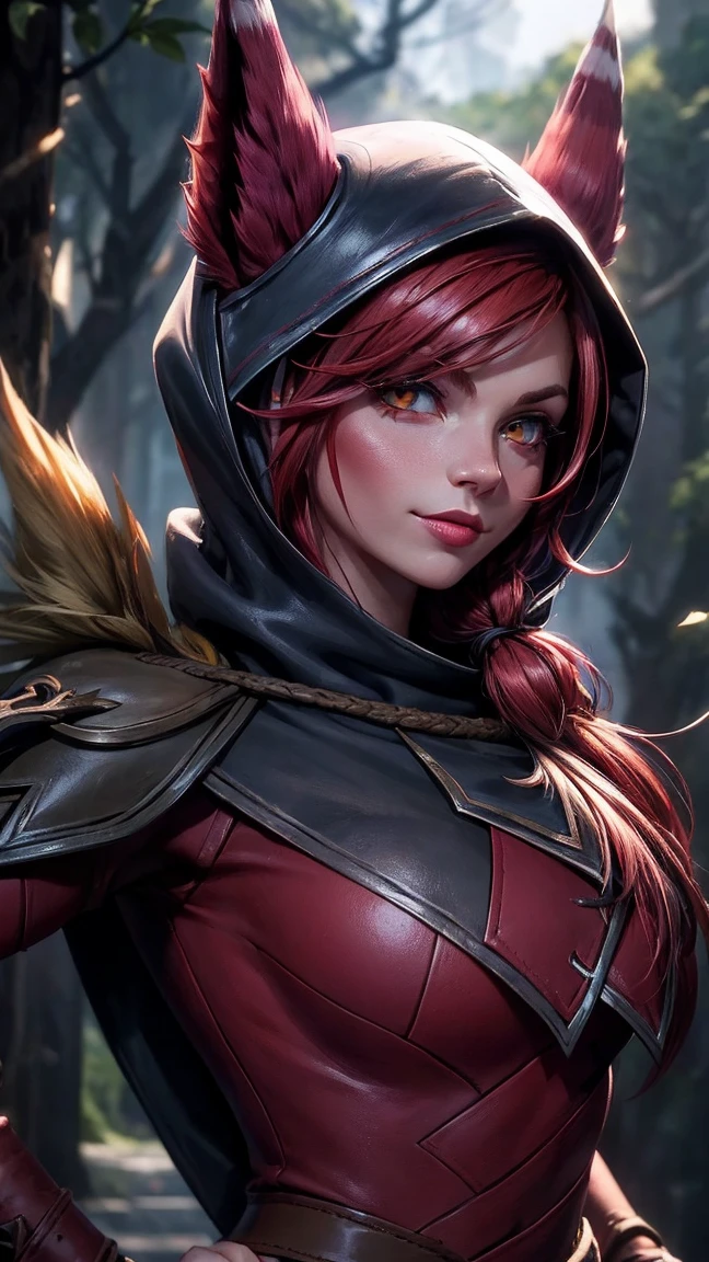 1 girl, 3d, afterimage, red hair, (hoodie), (cape), breasts, ((bare thighs)), pull clothes, Cowboy-shot, contrasting sleeves, looking down at viewer, xayah (League of Legends), lips, Long hair, medium breasts, alone, tight attire,