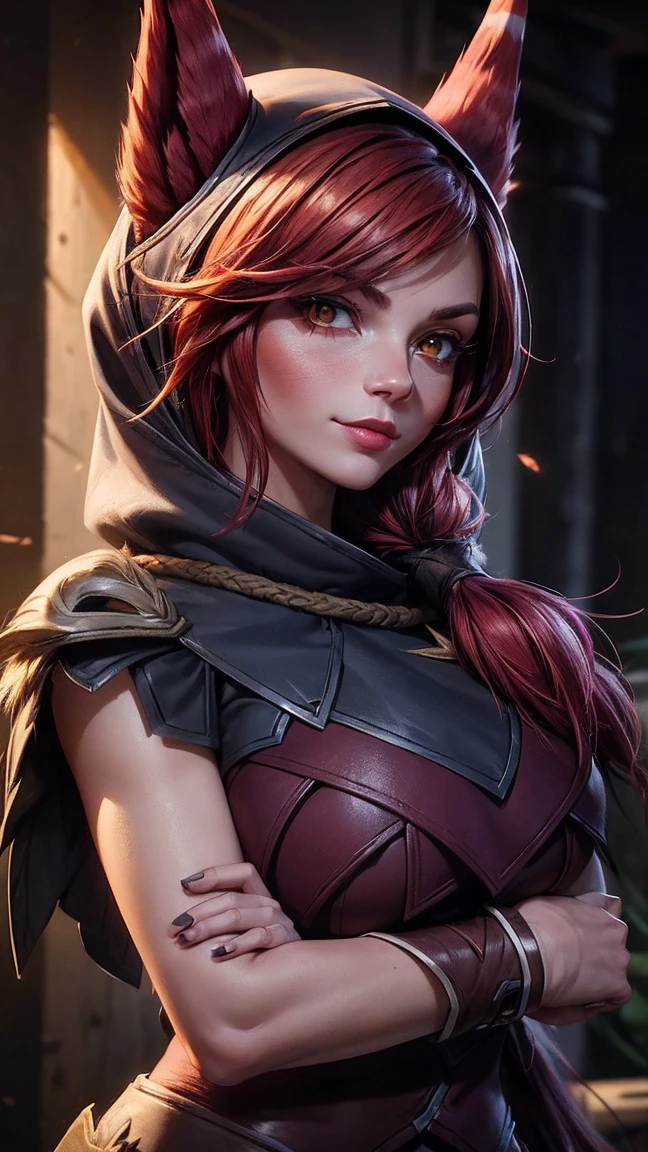 ((best quality)), ((Meisterwerk)), ((Xayah)), (League of legends), ((stehend)), erotischer Pose, (orange eyes), ((Xayah Hoodie)), ((upper body)), Unreal Engine, realistisch, pretty, sexy, young girl, ((red Hair)), Halsband, medium breasts, professionelles Make-up, Cool, sonniger Tag, Tyndall-Effekt, Guter Ray, forrest in the background, draussen, hell, subtle smile,