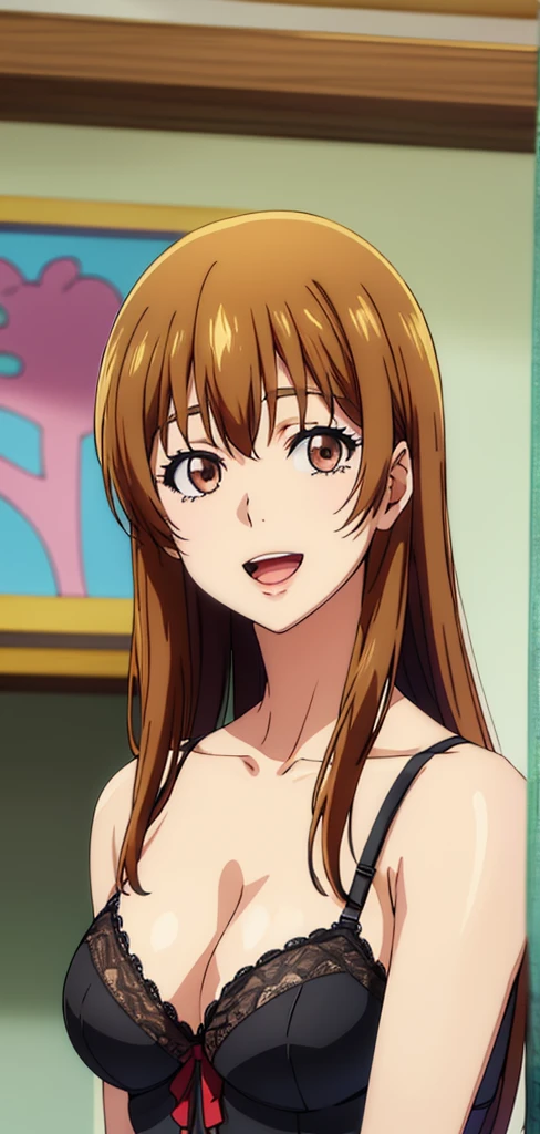 Medium breasts , black bra,best quality, (masterpiece:1.2), highly detailed, street,
1girl, kotegawa nanaka, looking at viewer, slight smile, open mouth, brown eyes, long hair, indoor, room, bedroom, wardrobe, close up, black dress, cowboy shot