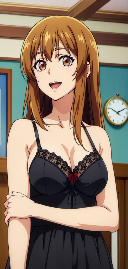 Medium breasts , black bra,best quality, (masterpiece:1.2), highly detailed, street,
1girl, kotegawa nanaka, looking at viewer, slight smile, open mouth, brown eyes, long hair, indoor, room, bedroom, wardrobe, close up, black dress, cowboy shot