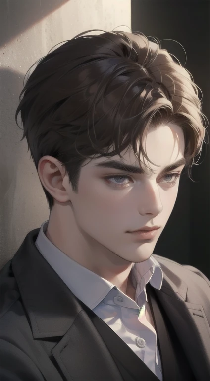 masterpiece, best quality, realistic, 1man, mature male, quiet and charming young man, 25 years old, close his eyes, serious look, extremely detailed face, smirk, ((dark grey eyes)), ((short-right-swept dark brown hair)), [thick eyebrows], detective, Black background, ((suit)), cinematic lighting