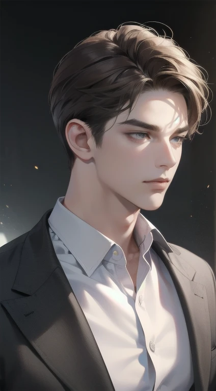 masterpiece, best quality, realistic, 1man, mature male, quiet and charming young man, 25 years old, close his eyes, serious look, extremely detailed face, smirk, ((dark grey eyes)), ((short-right-swept dark brown hair)), [thick eyebrows], detective, Black background, ((suit)), cinematic lighting