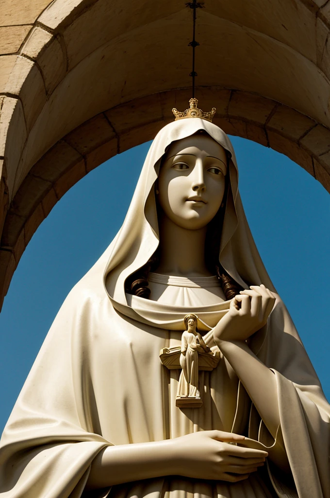 The Virgin Mary with her hands in acceptance looking towards the sky