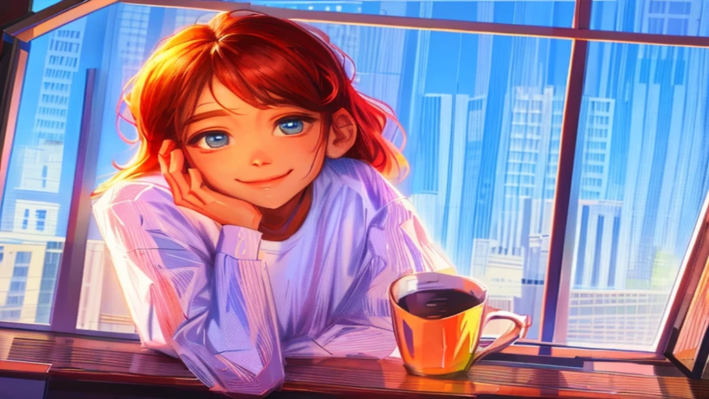 Woman looking at the sky by the window、White T-shirt、The right hand is placed on the cheek.、smile