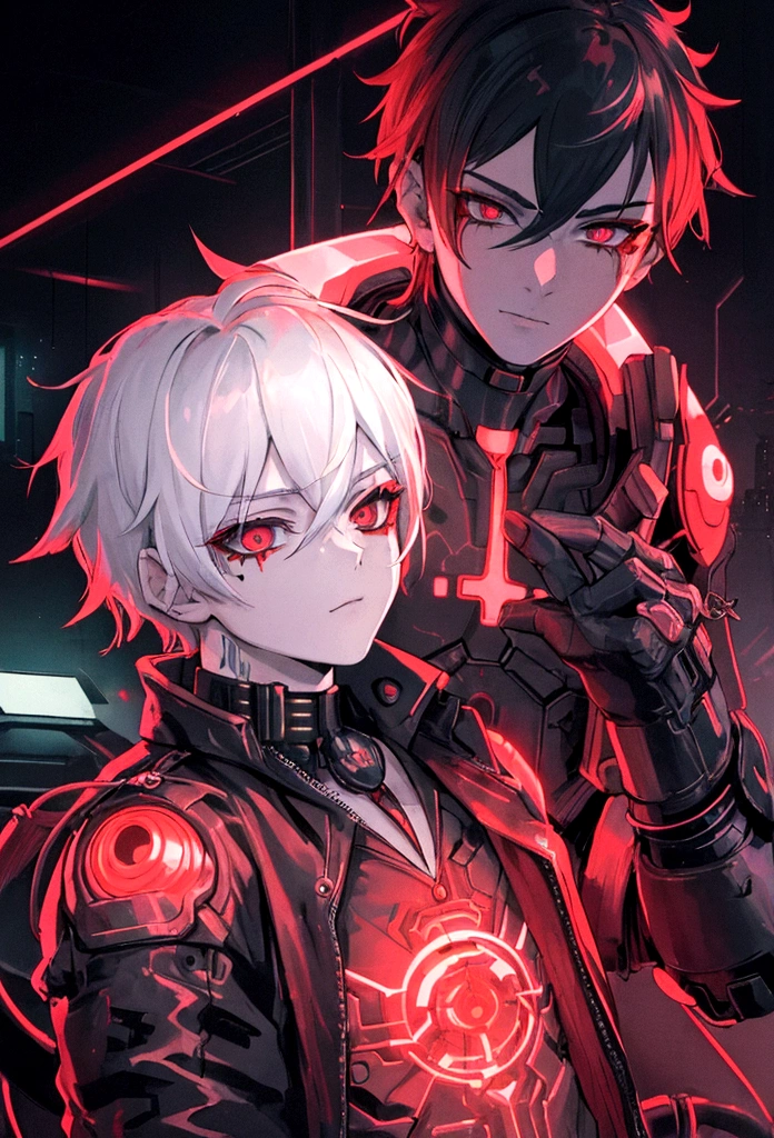((best quality)), ((masterpiece)), (detailed),(Cyberpunk) A boy with Short White hair and red eyes, showing his Demon tatto in his neck, in bedroom with neon light