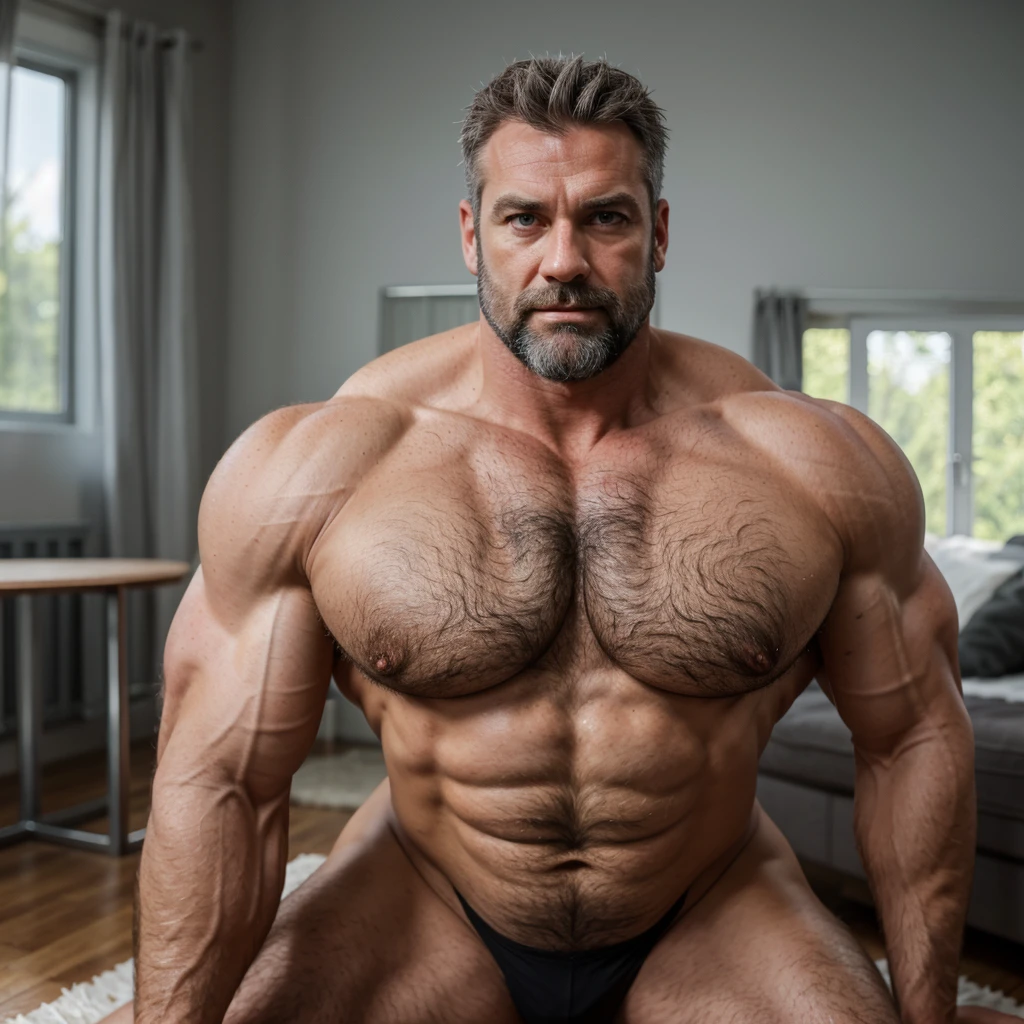 Hyper realistic photo of a hairy alpha male in his forties, blue eyes, silver grey short hair, heavy hairy body hair, shirtless, broad and massive shoulders, hairy pecs, hairy gigantic hard abs, bodybuilder v-shape buiId, hard biceps, massive trapezius muscle, highly detailed, 8K, kneeling down on all four on the floor,