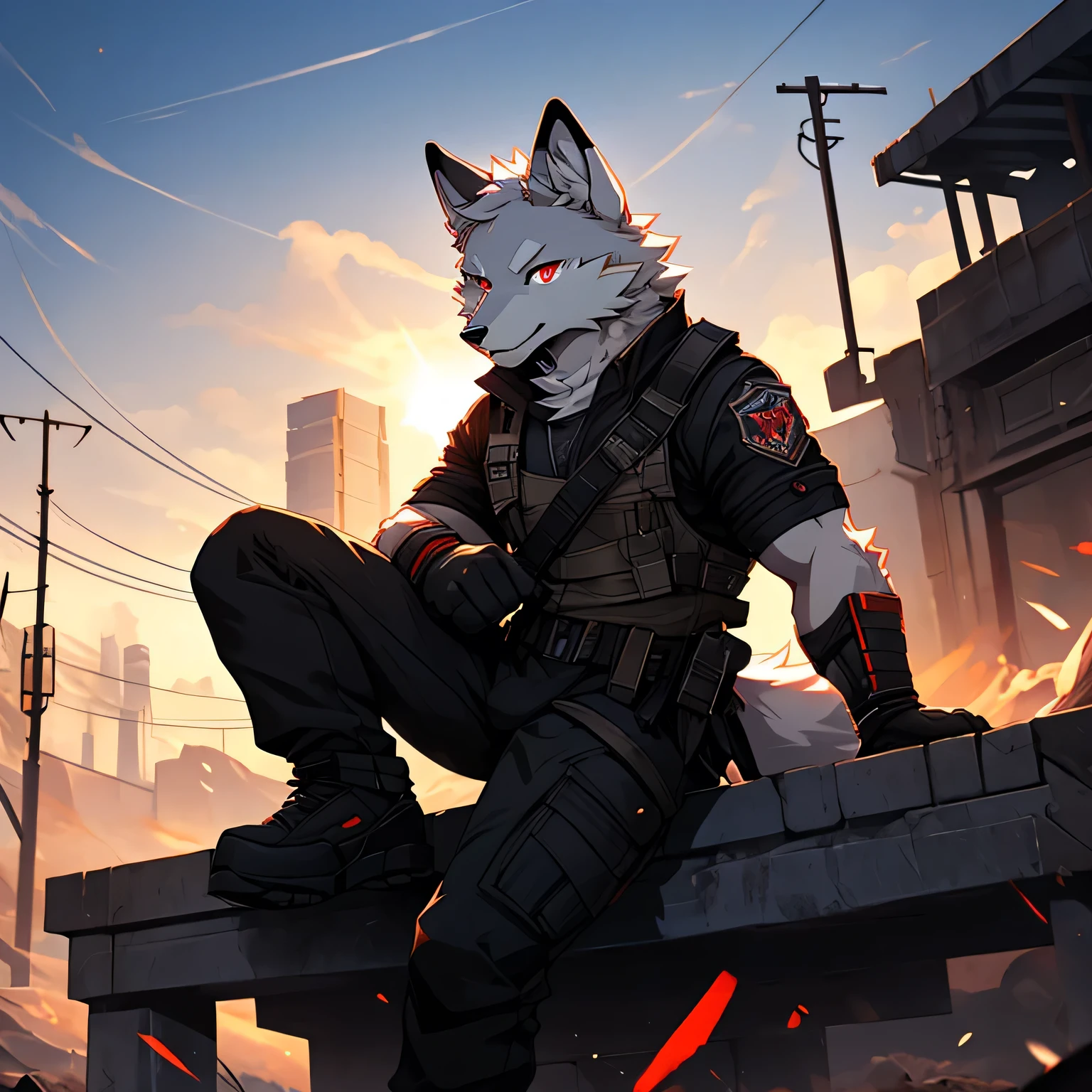 Masterpiece, Solo, Cool Pose, Furry White arctic fox, Medium Strong Body, Red Eyes, White short Hair, Combat Black Shirt, Combat Gloves, Combat Pants, Fierce, Good looking, Sitting, Morning, Apocalypse Background