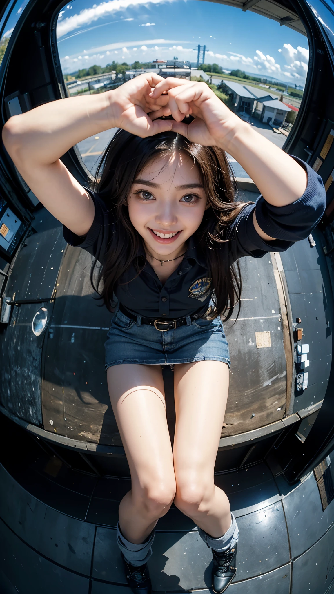 Highest quality, masterpiece, Ultra-high resolution,8k, (Realistic:1.6), (Facing portraits) RAW Photos, 1 Girl,(Full of smiles, Showing teeth)), 22 years old,((Korean Idol,Newjeans fashion)),((Miniskirt uniform and undershorts)),((Straight jet black long hair)),((With arms wide open、Bend both knees and jump high)),((Looking up at the audience)),Face Focus:1.4,((Photographed from above with a fisheye lens:1.4)),((Background of airplane trails shining against the blue sky)), Image Media Chest)),((Smiling with teeth showing)),