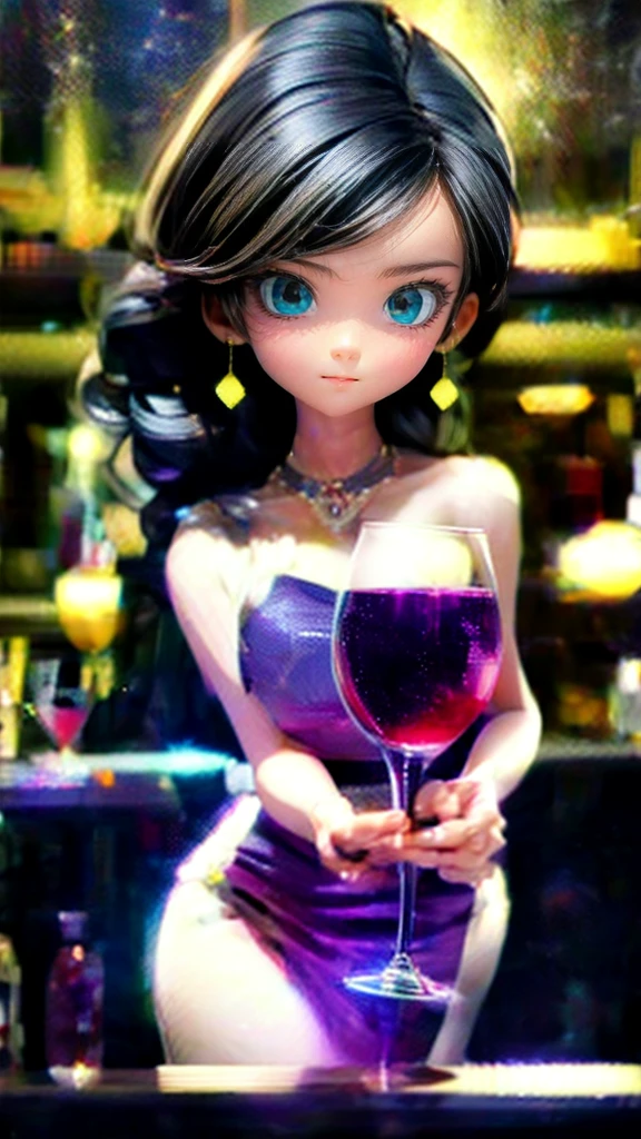 beautiful woman in evening dress, holding a glass of wine, seductive and alluring, alien bar setting, highly detailed, 8k, photorealistic, professional, dramatic lighting, neon lights, glowing colors, moody atmosphere, intricate details, dynamic pose, perfect skin, mesmerizing gaze, elegant hairstyle, flowing fabric, shimmering jewels, dark mysterious ambiance, otherworldly environment, cinematic composition, volumetric lighting, hyper realistic