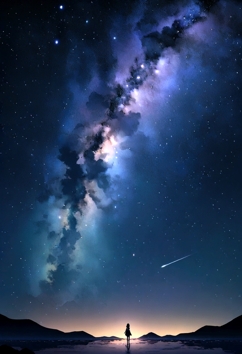 Master Parts、Superior Quality、Excellent image quality、8K quality、、Beautiful starry sky photos、grow、Arched Milky Way:1.9、blue sea、shooting star:1.9
