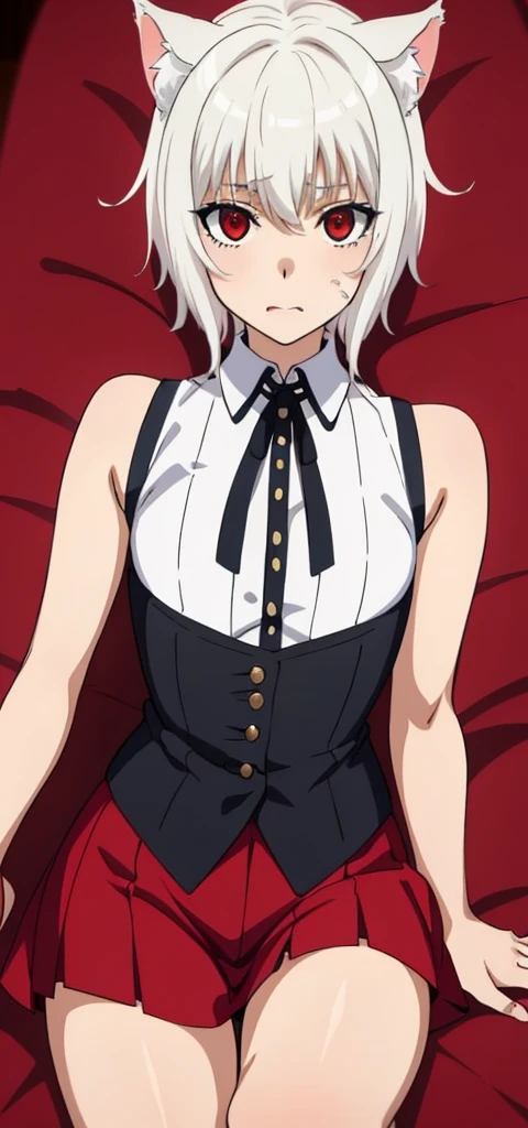 1 girl,❗️❗️,Cat ears,white hair,animal ear hair,Bangs,catwoman,red eyes,Alcohol,short hair,direction,hair between eyes,slit pupil, big breasts,
cat tail,white jacket,White shirt,pleated skirt,red skirt,belt buckle,bow tie,necklace,,collared shirt,corset,long sleeves,open jacket,,cowboy shooting,(Skirt lift:1.3),(crotch rub:1.4),table humping