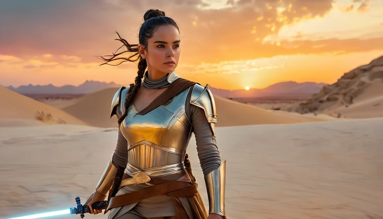 Uma foto realista de Rey, de Star Wars: The Rise of Skywalker, segurando um sabre de luz amarelo em uma pose heroica. She is dressed in brown leather clothes and high boots. The background is a barren desert landscape with an orange sky at sunset. O sabre de luz de Rey emite uma luz brilhante que ilumina seu rosto. She wears a necklace with a silver cross around her neck.. O vento sopra em seus cabelos e roupas. The scene is full of action and drama. Estilo: Realista, com detalhes precisos e cores vibrantes. Inspirado na arte conceitual de Star Wars. Com um toque de humor e personalidade.