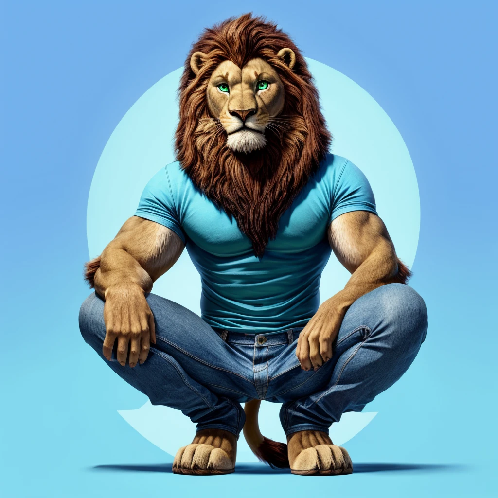 Male lion furry squat pose legs open look front blue pink background green eyes blue pink background jeans and blue shirts tail