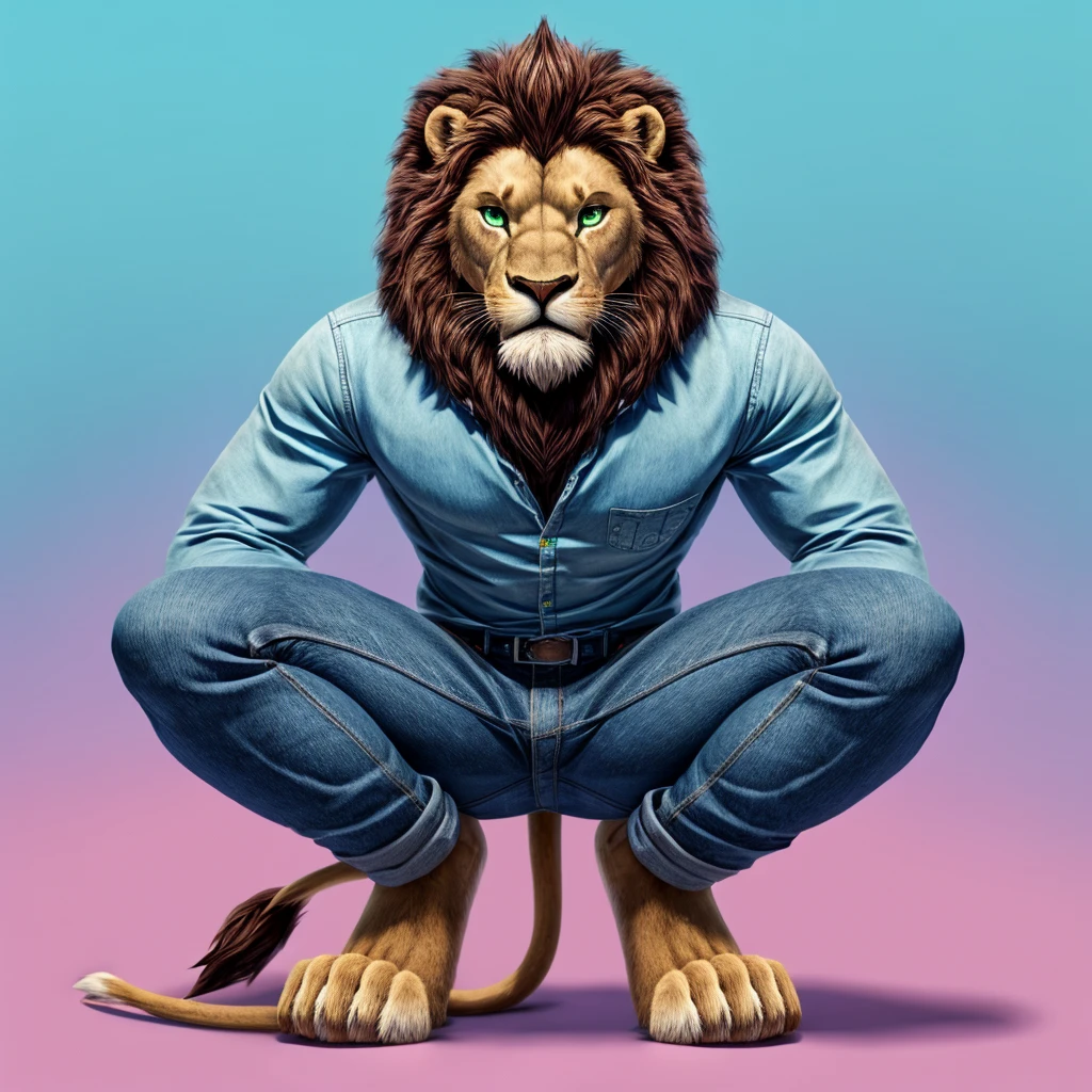 Male lion furry squat pose legs open look front blue pink background green eyes blue pink background jeans and blue shirts tail