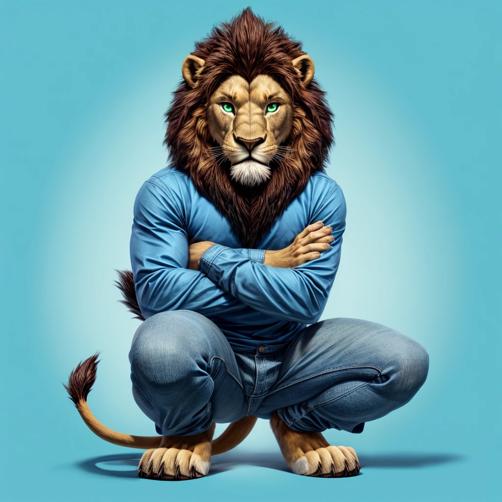 Male lion furry squat pose legs open look front blue pink background green eyes blue pink background jeans and blue shirts tail