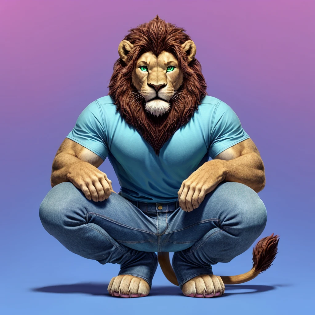 Male lion furry squat pose legs open look front blue pink background green eyes blue pink background jeans and blue shirts tail