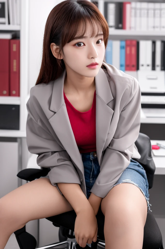 the most beautiful face of a 18 year old actress, perfect propotions of a female body, blazer is worn on shirt, clitoris is at top of two pairs of labia, just hands off vagina of female crotch between opened legs, female pubic hair, sitting on a desk chair in office, correct number of fingers, nsfw, best quality, highly detailed, masterpiece, ultra high res, photo realistic, 8k