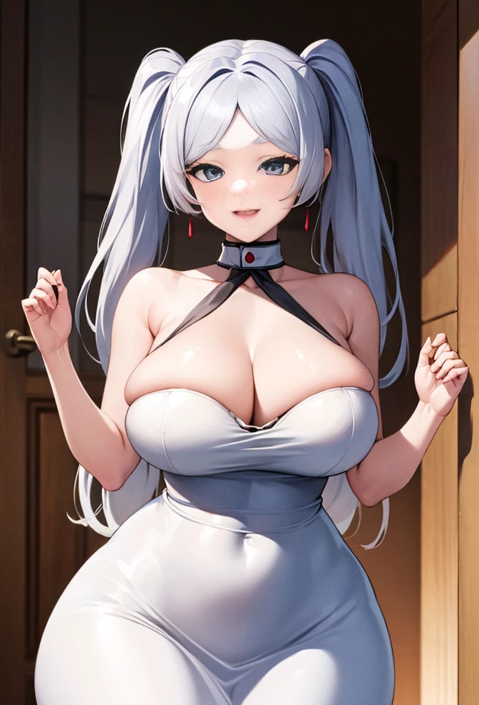 Big breast,white long hair,twintail,frieren,white dress,smile,close mouth,wide hips,thicc tigh,blue eyes