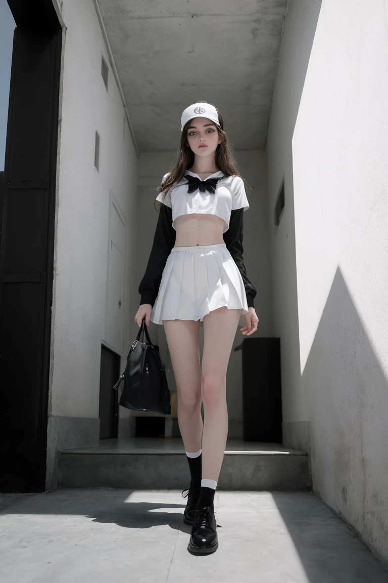 Obra maestra, mejor calidad, Hyper realistic, Cinematic photo, 18 year old girl, ((pale skin)), Polish amazing slim body, ((blusa blanca, negro)), ((negro school shoes)), long wavy brown hair, Piernas delgadas perfectas, Naked body, Caderas anchas, manos perfectas, hermoso rostro, cara perfecta, juvenil, (fondo borroso), estilo moderno, from bebajo, (bajo-angle shoot), bajo_angle_human, imponente, (tiro de cuerpo completo), sentado en las escaleras, tiro por debajo, (Ver visor), mirando al espectador,(8k, epic composition, Fotorrealista, Sharp focus), antecedentes detallados, ((In an empty school)), DSLR, grano de aluminio, sunny day