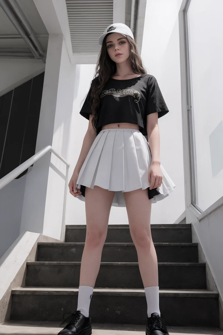 Obra maestra, mejor calidad, Hyper realistic, Cinematic photo, 18 year old girl, ((pale skin)), Polish amazing slim body, ((blusa blanca, negro)), ((negro school shoes)), long wavy brown hair, Piernas delgadas perfectas, Naked body, Caderas anchas, manos perfectas, hermoso rostro, cara perfecta, juvenil, (fondo borroso), estilo moderno, from bebajo, (bajo-angle shoot), bajo_angle_human, imponente, (tiro de cuerpo completo), sentado en las escaleras, tiro por debajo, (Ver visor), mirando al espectador,(8k, epic composition, Fotorrealista, Sharp focus), antecedentes detallados, ((In an empty school)), DSLR, grano de aluminio, sunny day