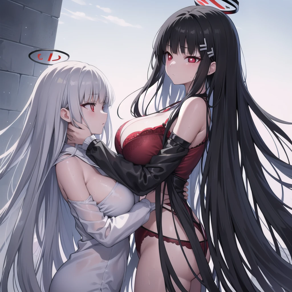 riotsukatsuki, rio, black hair, (red eyes:1.5), hair ornament, hairclip, halo, long hair,
、Extremely large breasts(4700)、 Huge 、Two people hugging each other、lingerie、Wet body、A girl with long black hair and long grey hair
