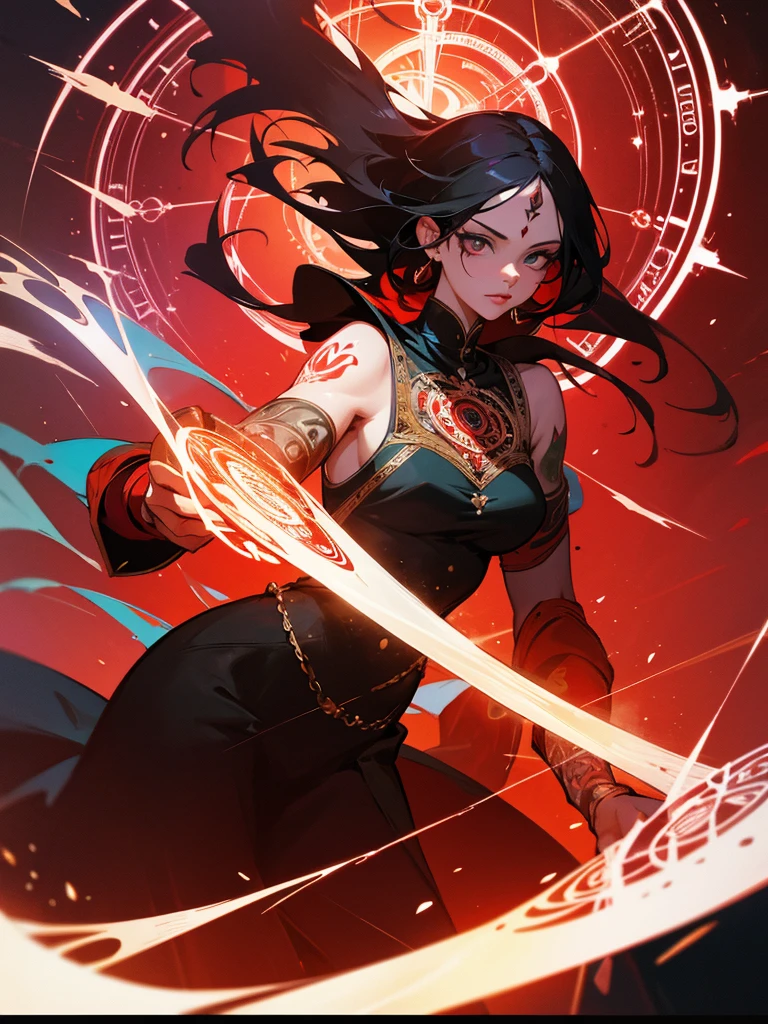 1 adult woman, depicted painting, tattoo, (cinematic), elaborate, magical power, detailed magic circle, vibrant red color,