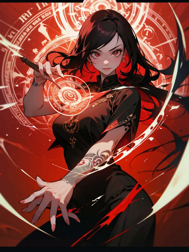 "(artwork+masterpiece:1,4), (1girl), long black hair, wearing black sticky robes and gloves on her hands, within a burning setting, brown skin,(fire hair:1,3),(shimmering red eyes:1,2)"