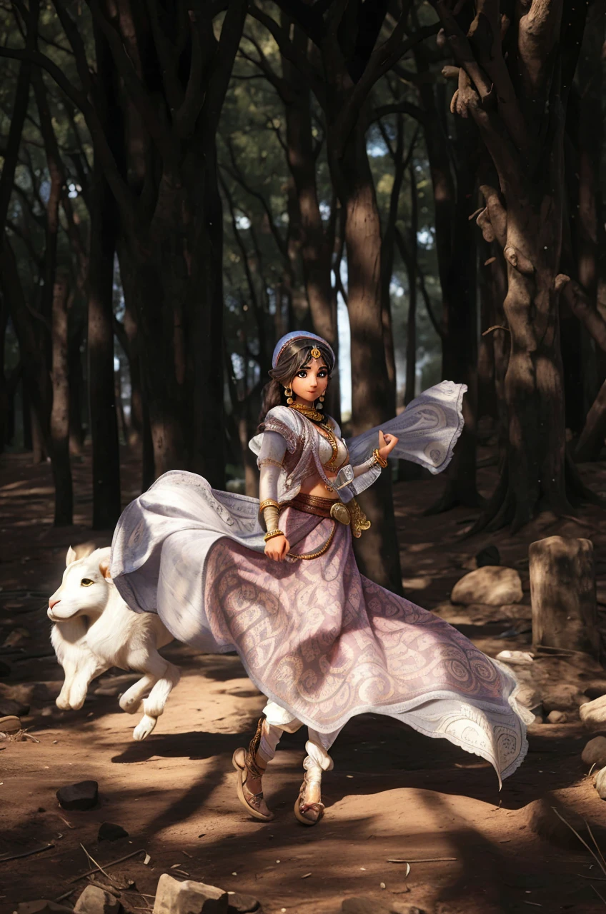 illustration of a gypsy woman with Hindu characteristics, wearing an Indian sari, headscarf, full skirt, dancing, wearing gold bracelets on her wrists