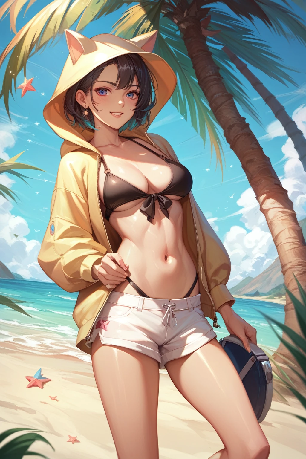 (masterpiece, best quality:1.5), (ultra detailed, high resolution, 8k, beautiful detailed, UHD, best anatomy), 1 handsome boy, white short hair, shorts (e.g. seaside use), thin hooded, sandy beach