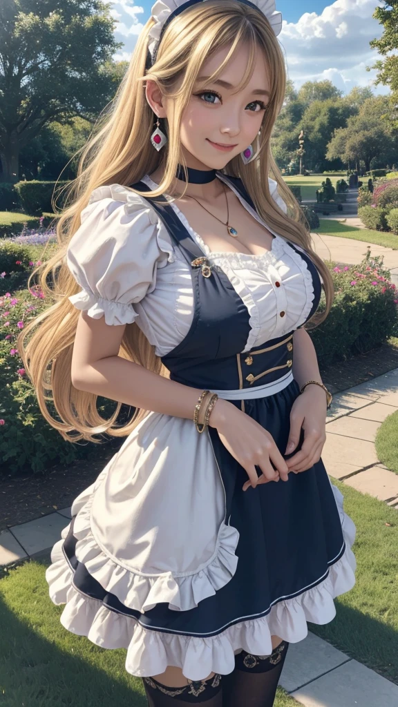 Alice from “Alice in Wonderland” embarks on an adventure in a real park. Her surprised expression, the shine of the clock she holds, and the landscape of the park behind her are impressive. 8K , hd, highly detailed, realistic, photography, photo realism --ar 9:16 --v 6.0 --s 750,,19 years old, alone, Long Hair, View your viewers, Blonde, Brown eyes, gem, whole body, Realistic, Sexy、Big Breasts 、stockings、clip on earrings,pendant,bracelet,smile,maid,maid headdress, frill apron