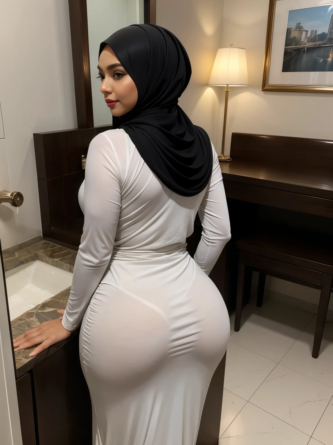 (double exposure), back view, (full body photo), in a private chamber, A gorgeous matured  teacher (stood) behind white wall,((35 year old)), ((malay women)), curvy fit body shape, bigger ass, gluteal,busty, huge thighs, (wore fitted white long sleeves baju kurung),((black hijab)),(wedding veil), private room, arabic caligraphy, pov, solo, single, skin texture, ultra high res, RAW, instagram LUT, masterpiece, best quality, ultra-detailed, ultra high resolution, RAW, 4k, (looking at viewer), extremely detailed eyes and face, (beautiful detailed nose), (beautiful detailed thigh), (beautiful detailed eyes), perfect body proportion, (looking at viewer), smirk, red lips,ceramic floor, (black hijab)