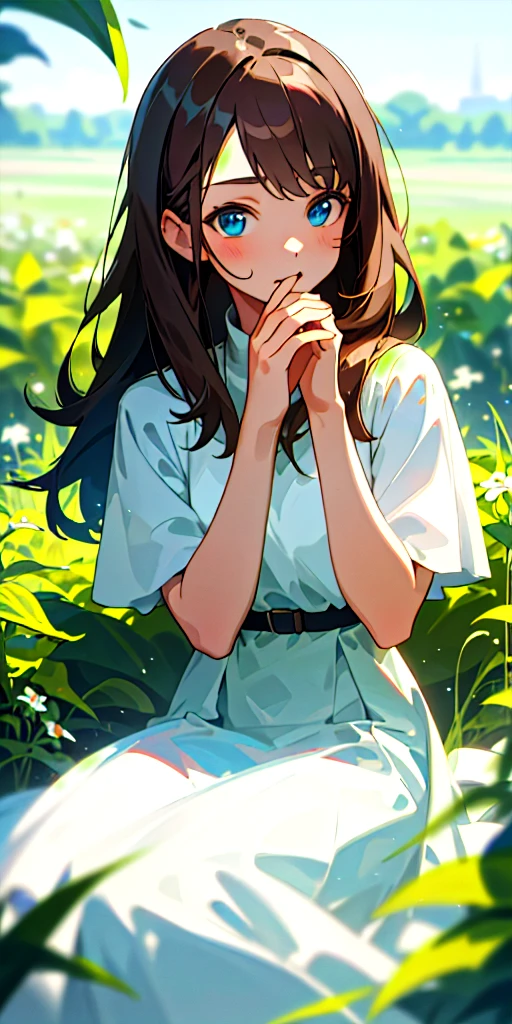 (masterpiece, best quality),1girl with brunette hair sitting in a field of green plants and flowers, her hand under her chin, blue eyes, up sweep, warm lighting, white dress, blurry foreground