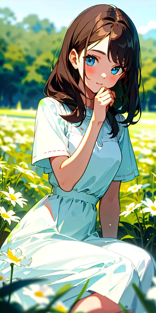 (masterpiece, best quality),1girl with brunette hair sitting in a field of green plants and flowers, her hand under her chin, blue eyes, up sweep, warm lighting, white dress, blurry foreground