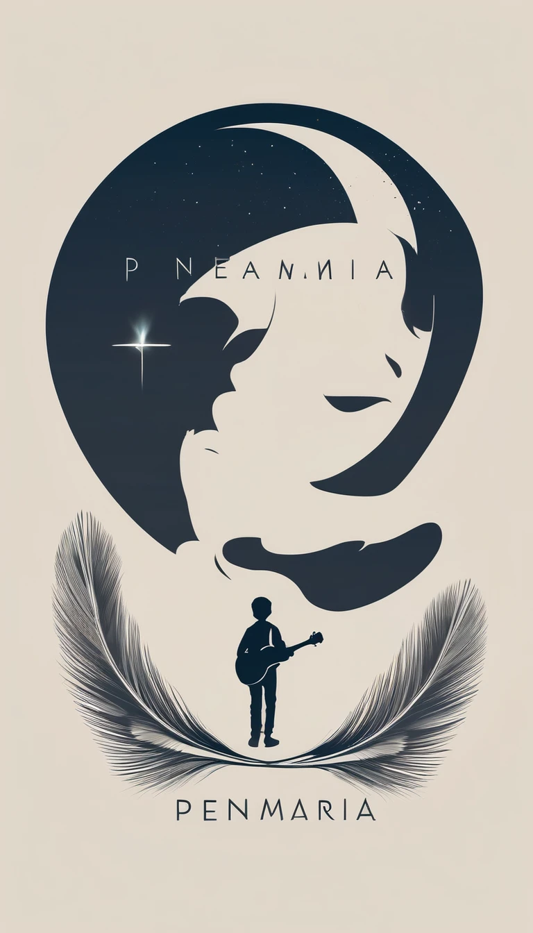 A minimal, modern, simple, cinematic logo design for the brand “Penamemoria". The logotype must be a simple, magical feather and a boy playing acoustic guitar. The logo must convey a sense of music, stories and dreams. Minimalistic logo design of a boy dissolving into a feather of dreams and memories