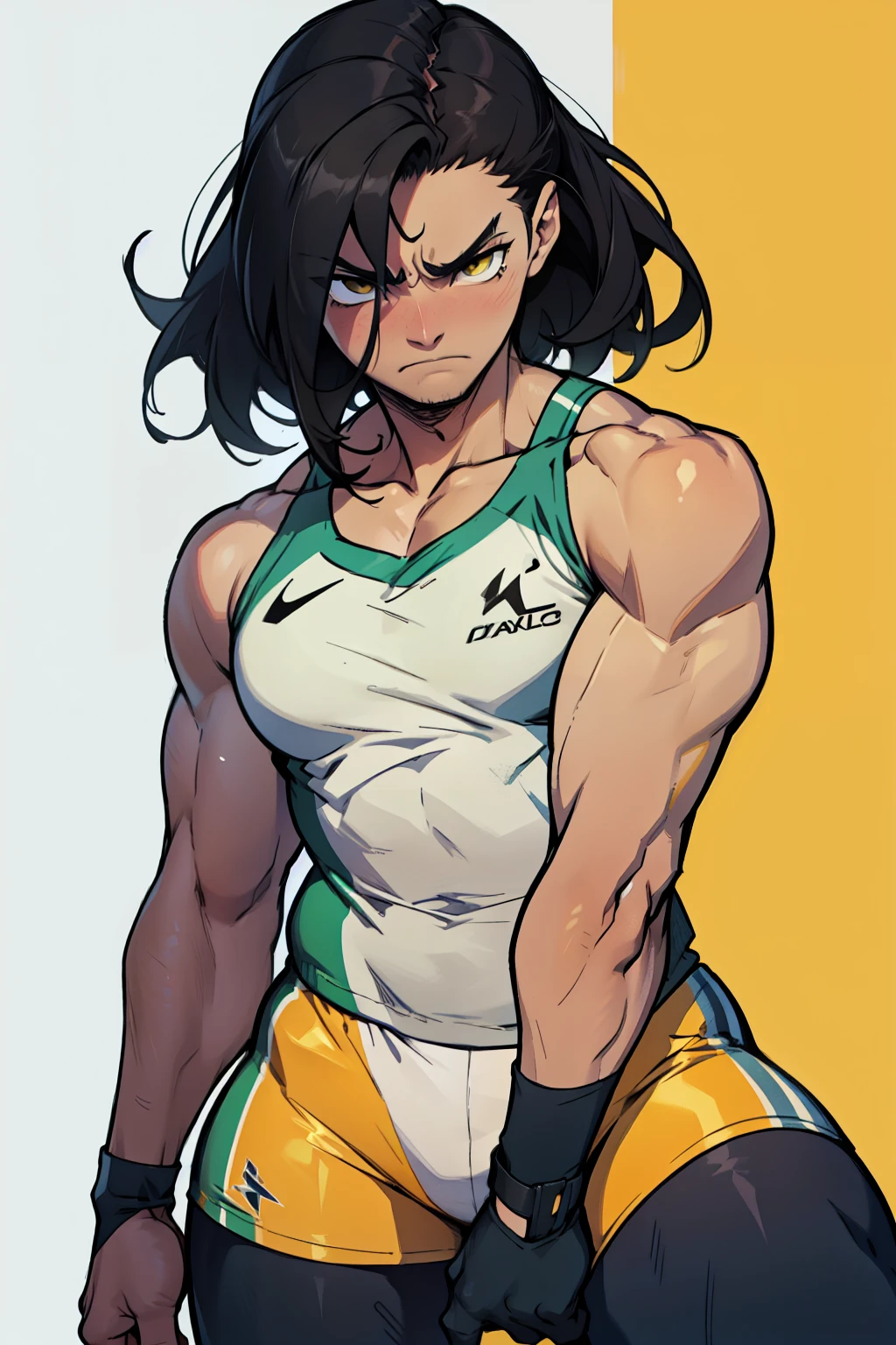 expressionless sad girl muscular girl thick girl pale skin girl black hair girl yellow eyes girl skindentation midriff navel abs flat chest girl long hair hair between eyes leggings tight shirt