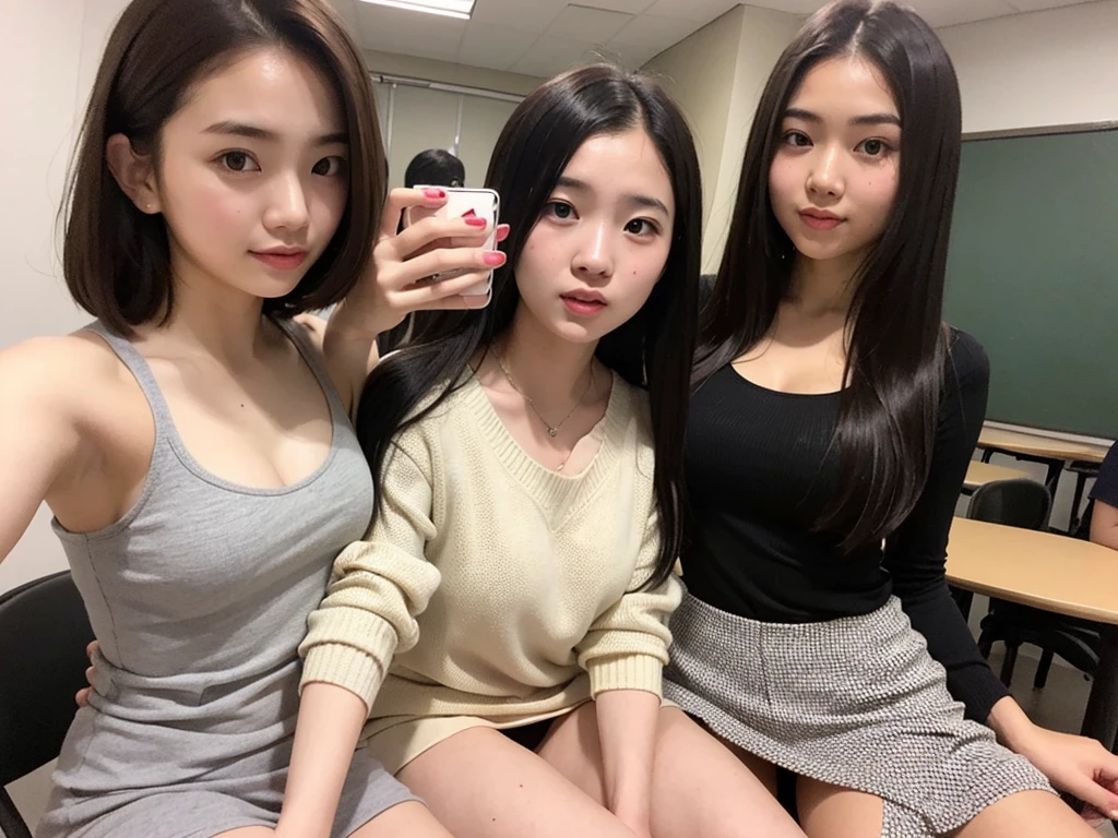 Indonesian girl -yeld  Hstyle Casual, F Cup Breasts  wearing crewneck dress    and selfie with her friend at class 