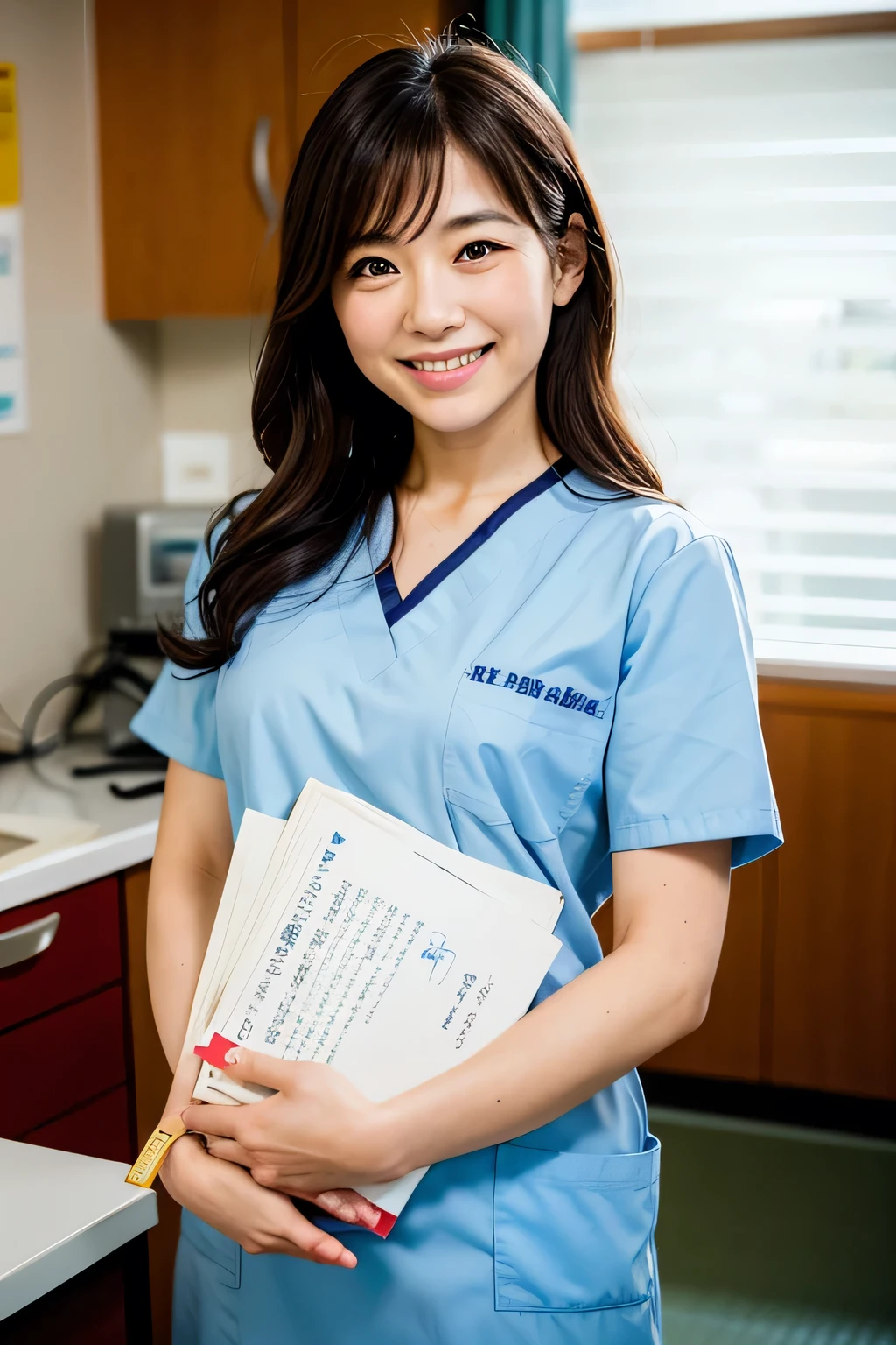 Nurse in the hospital Japanese front serious Smiling Holding a file