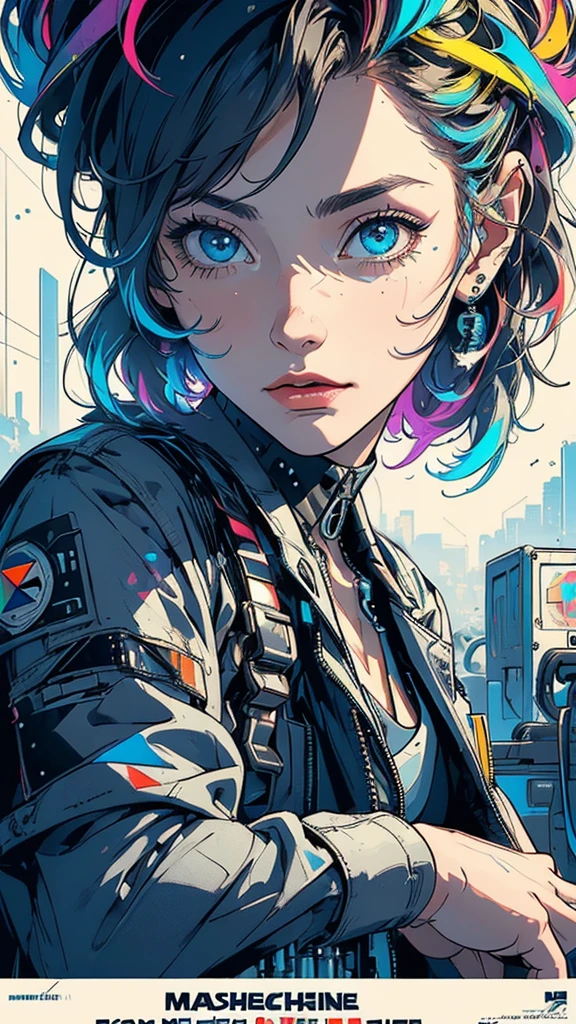 (((masterpiece, highest quality))),(((solo:1.2))),(((1girl:1.2))),32k wallpaper, very detailed, poster, vintage science fiction,(((((geometric cinematic movie poster))))), (bauhaus), shape,(((abstract))),(mid century modern),movie poster,(((((portfolio))))),(((((Close-up))))),(((((bust up))))),((((more various angle)))),(((highlight))),Vast landscape,((((heterochromia)))),(((complete. detailed face))),((((Extremely talented)))),(((((most complicated machine))))),(((genius mechanic))),((Overall colorfully)),neon sign