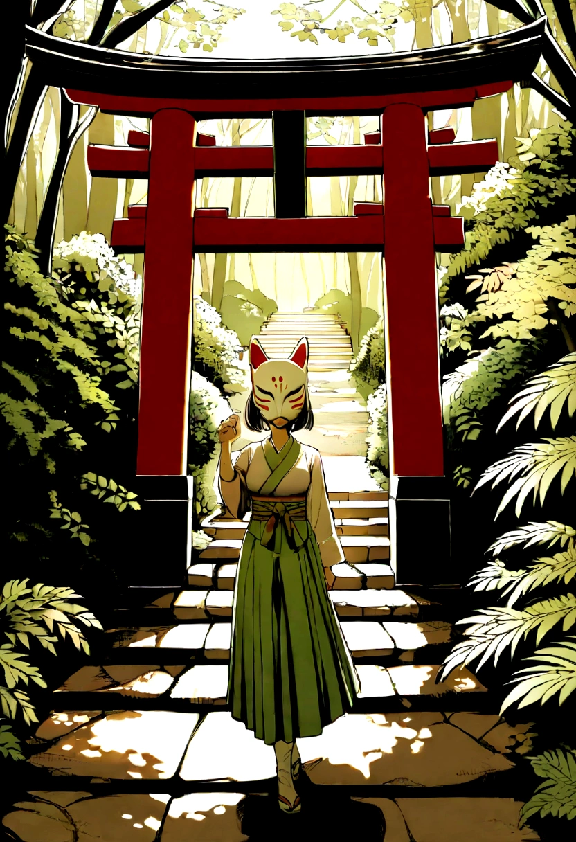 Old torii gate in the forest, Old stone staircase, wood々The sunlight shines in, nostalgic　,Girl wearing a fox mask