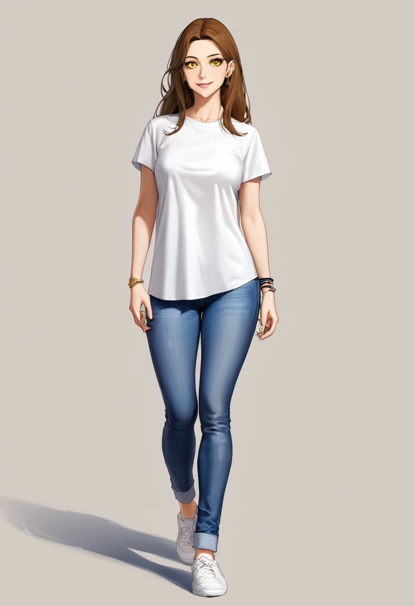 A stunning 24-year-old woman with long brown hair and piercing yellow eyes, is standing facing the camera, looking at the camera, casual, attractive proportioned body, wearing a white t-shirt and jeans, wearing white sneakers, she smiles sweetly. 8k, distant view, full body. variety of poses