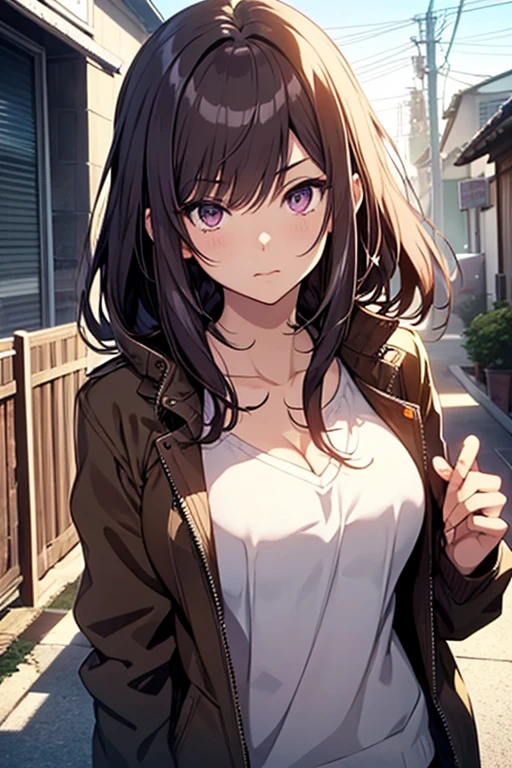 (Very detailed CG Unity 8k 壁紙),(masterpiece), (Highest quality), (Very detailed), (Best illustrations),(Best Shadow), Large Breasts anime character with purple eyes and a brown jacket, an anime drawing inspired by Okumura Togyu, trending on cg society, shin hanga, anime visual of a cute girl, anime moe artstyle, anime best girl, beautiful anime high school girl, anime visual of a young woman, rei hiroe, young anime girl, still from tv anime