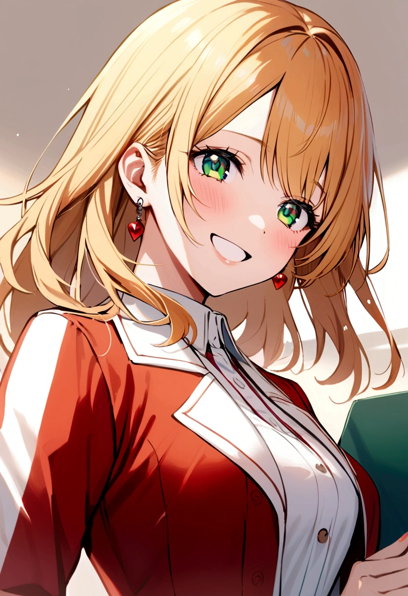 girl with long orange blonde hair, green eyes, red strap dress, white cropped jacket with a hint of blue, red earrings, energetic smile, teacher
