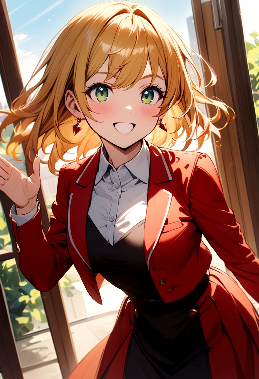 girl with long orange blonde hair, green eyes, red strap dress, white cropped jacket with a hint of blue, red earrings, energetic smile, teacher