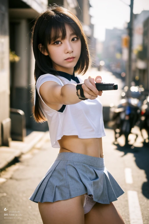 Analog Style, RAWphotograph, photograph, Hyperrealistic, amateur photo shot , Aesthetic artwork, ((Magazine Cover、Large text)), On the city streets, Detailed skin, detailed natural raw light, Very detailedな, Cinematic, highest quality, Super detailed, Very detailed, grain, noise, Heading, stylish, font, Memorable、A boyish and healthy beautiful girl,((Flowing sweat)) Beautiful Eyes, Realistic eyes, Beautiful details in the eyes, (Realistic Skin),Japanese Idols、short hair、(((High school girl)))、choker , (((High school uniform))) , (((small panties))) , (((don't wear skirts))) , (((thong panties))), (((holding a Colt Government, M1911))) , (((pointing the gun towards me)))