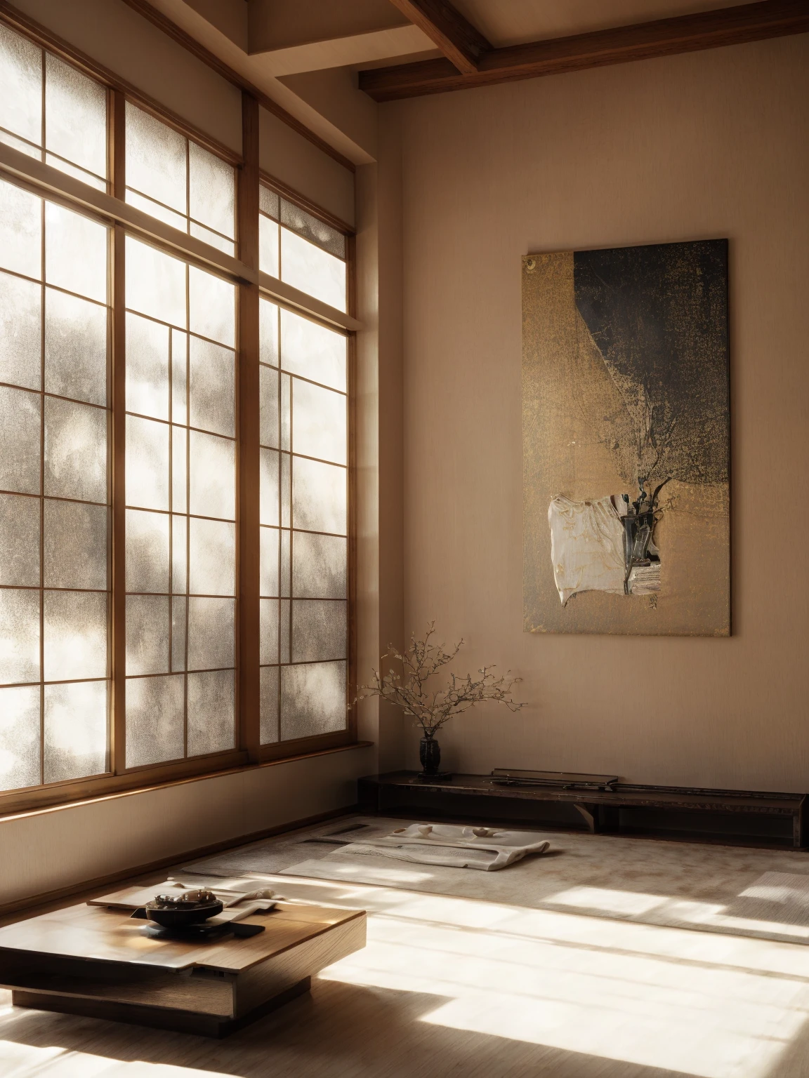 There is a room，There is a table and a window inside，There is a painting on it, Hashiguchi Goyo (Goyō Hashiguchi) of inspiration, Inspired by Mitsunobu Kano, Inspired by the Kanada Heart, japanese inspired, with japanese inspired, modern japanese living room, Inspired by Dongyang Sesshu, Japanese style