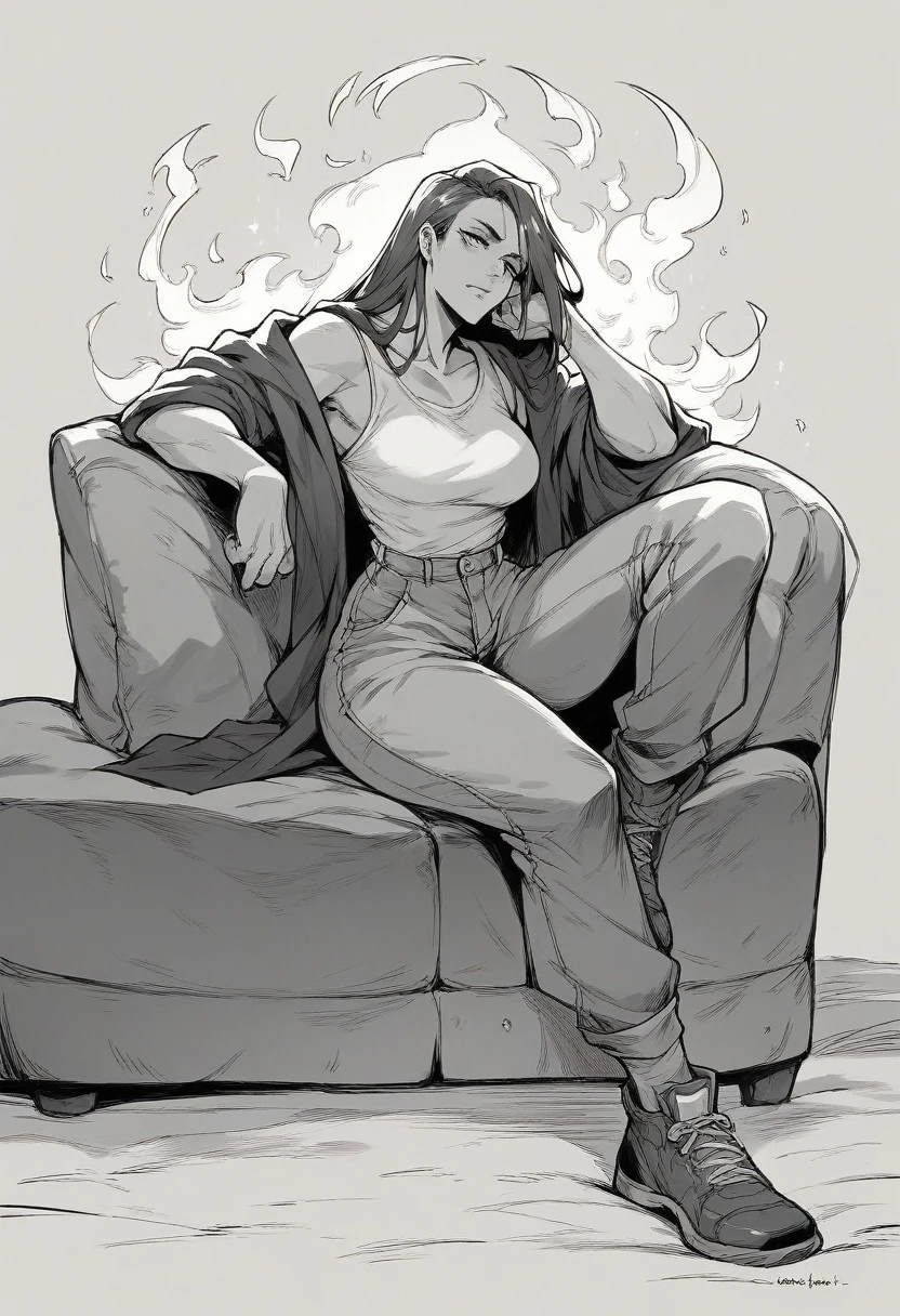 A woman wear black and white sitting in a couch with fire and eagle head background