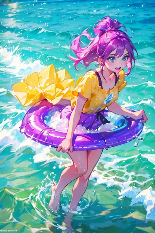 1girl,solo,cute,hold a glass,Fizzy Soda,lots of bubbles,pink and yellow and blue,bright background,water splashes,in the beach,brilliant sea