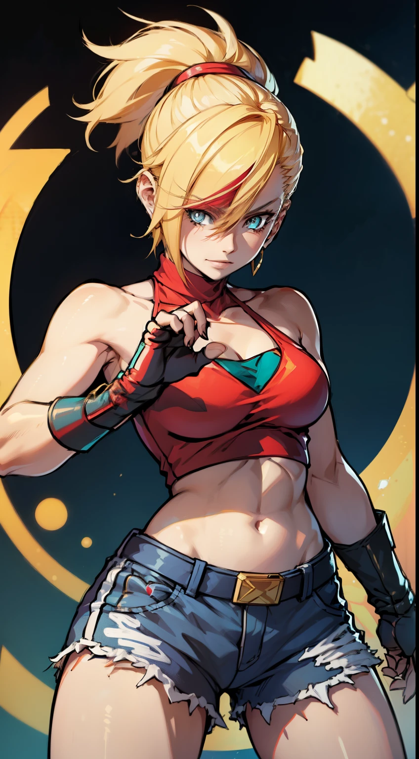 young girl, longue blonde hair, Hairpin with a bundle, turquoise eyes, Yakuza tattoos, red tight uniform, Sleeveless, Wide neckline on the chest to the abdomen, Gold Elements, Red gold armor, Shorts, claws, smirk, Masterpiece, hiquality, 4k, HD, Good detail