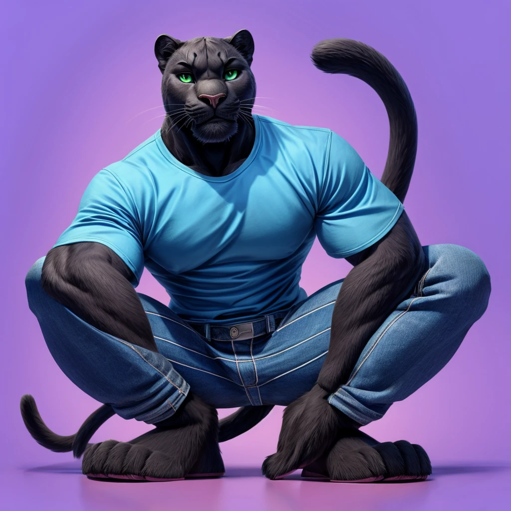 Male panther furry squat pose legs open look front blue pink background green eyes blue pink background jeans and blue shirts tail